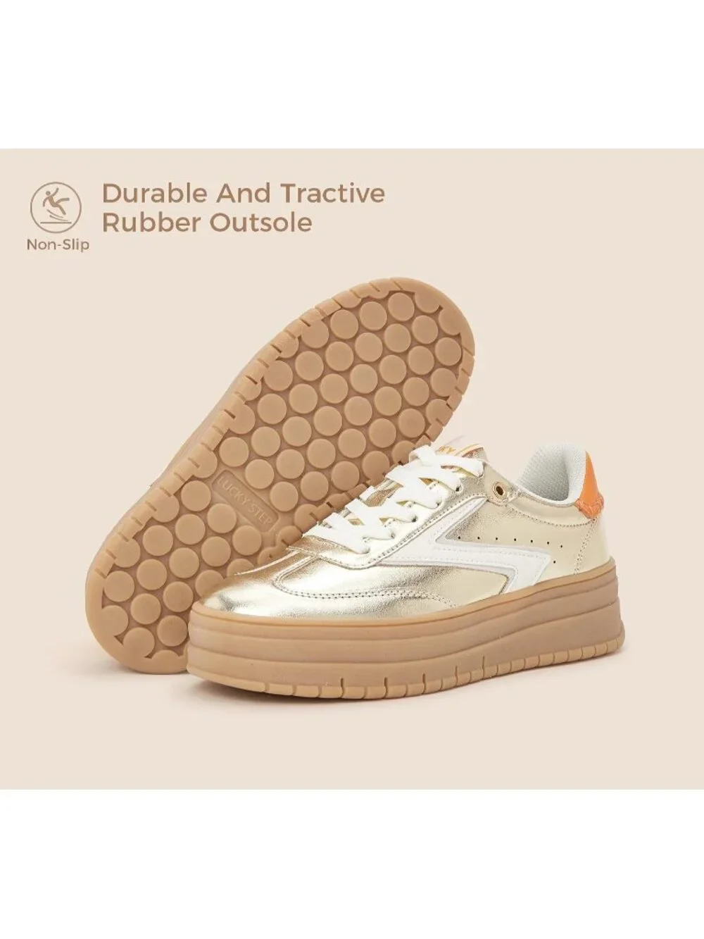 🆕Women's White Gold Platform Sneakers Gum Thick Sole Tennis Walking Shoes